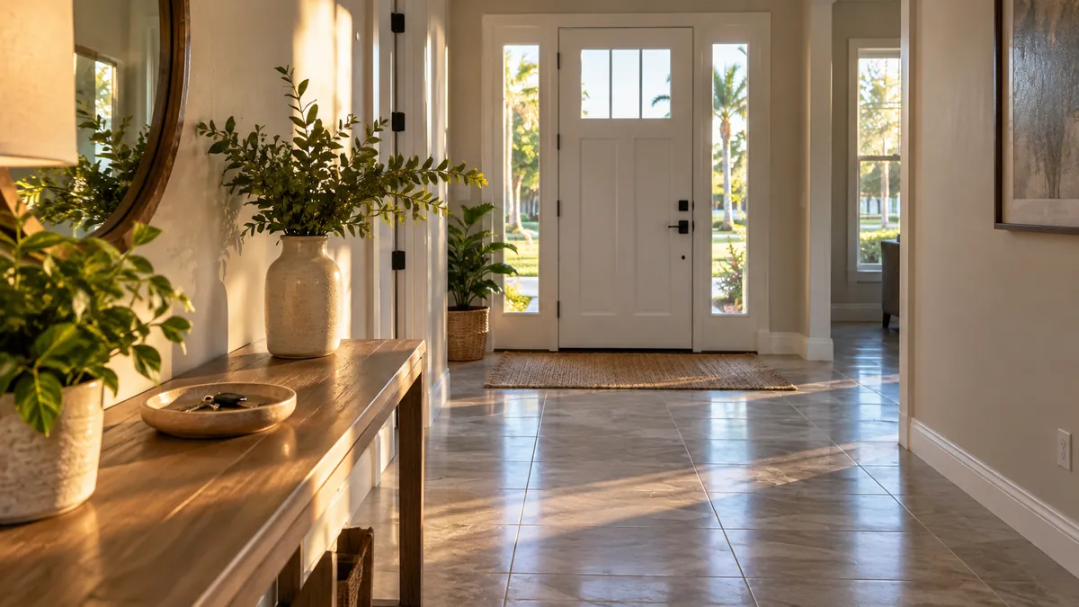 A clean entryway with keys in a small dish on a wiped console table and a freshly mopped floor leading to the front door