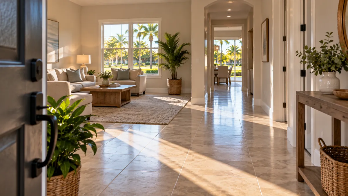 A wide view through a finished home from the front door, the living room vacuumed and the hallway floor mopped, in bright daylight