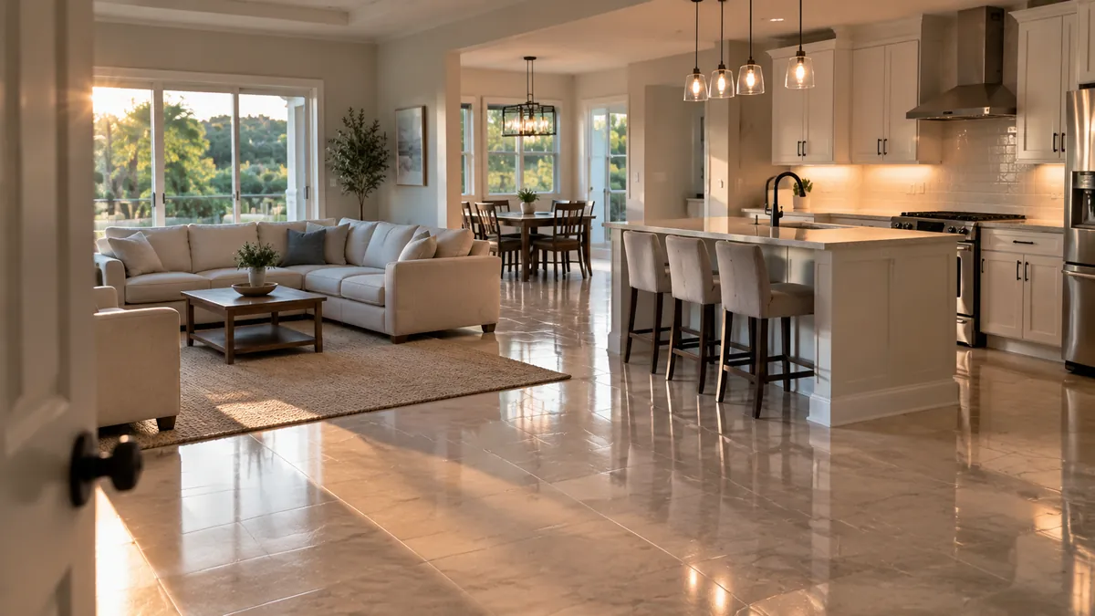 A finished home interior seen from the top of the stairs, the hall runner vacuumed and the entry floor below mopped clean in daylight